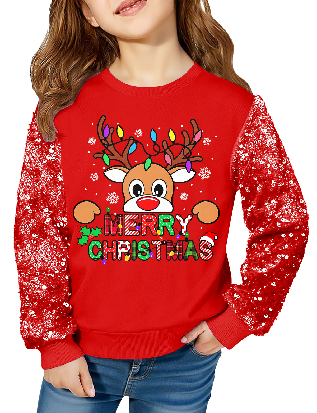 Lanbubble Girls Christmas Sweatshirt, Sequin Sleeve Crewneck Pullover, Sparkly Holiday Graphic Long Sleeve Top, Sizes 6-12Y