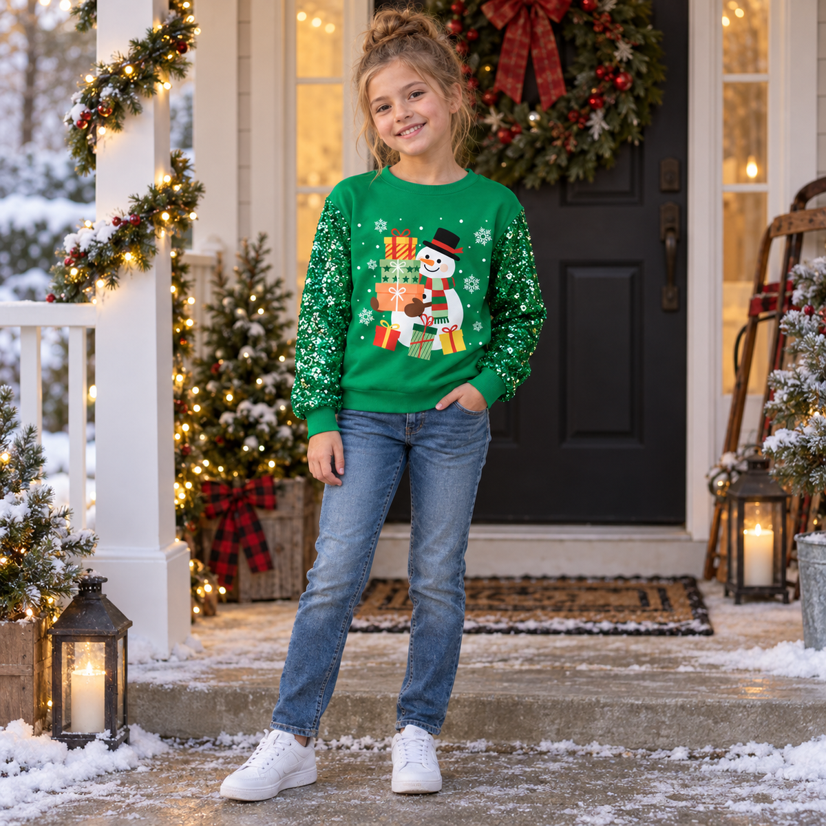 Lanbubble Girls Christmas Sweatshirt, Sequin Sleeve Crewneck Pullover, Sparkly Holiday Graphic Long Sleeve Top, Sizes 6-12Y