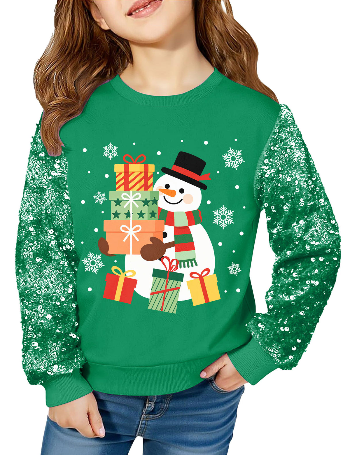 Lanbubble Girls Christmas Sweatshirt, Sequin Sleeve Crewneck Pullover, Sparkly Holiday Graphic Long Sleeve Top, Sizes 6-12Y