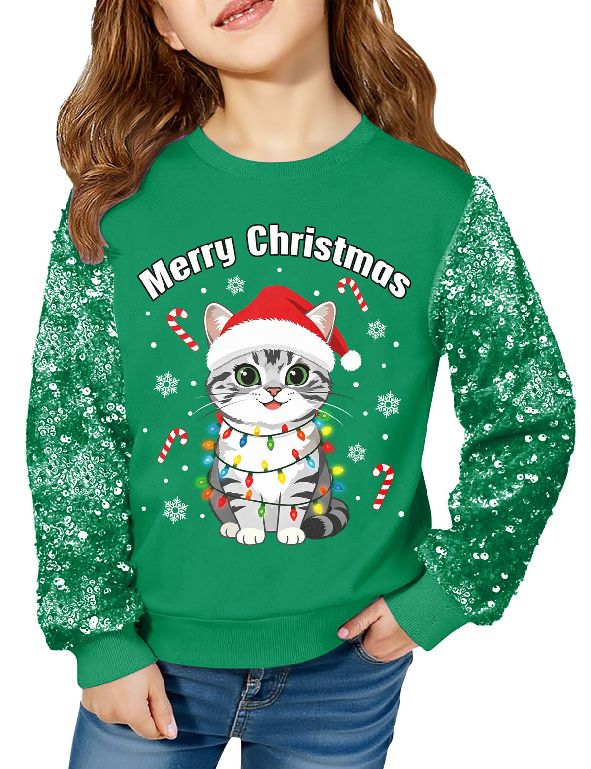 Lanbubble Girls Christmas Sweatshirt, Sequin Sleeve Crewneck Pullover, Sparkly Holiday Graphic Long Sleeve Top, Sizes 6-12Y