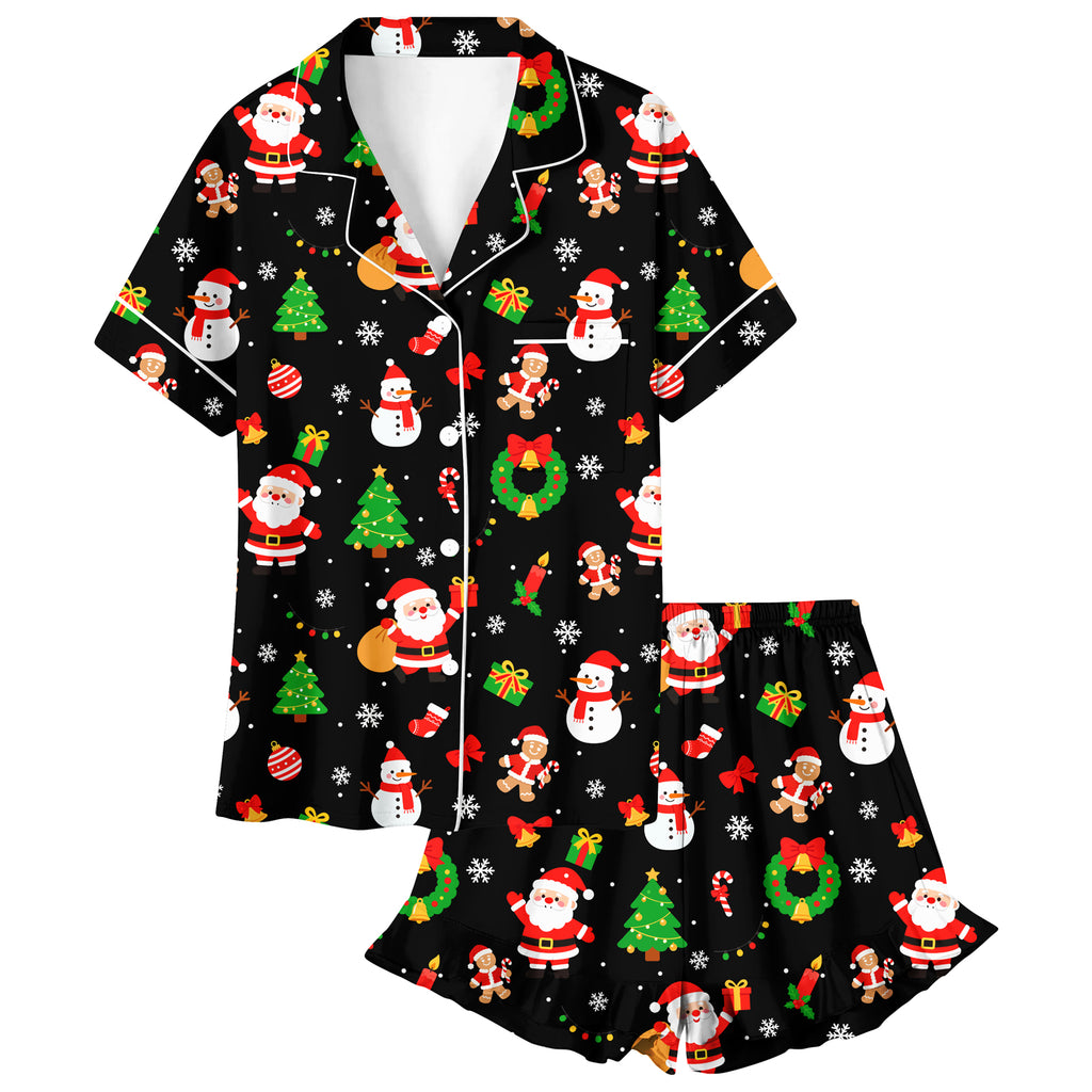 Lanbubble Girls Christmas Short Sleeve Pajamas Set 2Pcs Printed Button Top Ruffle Shorts Sleepwear 7-14Y