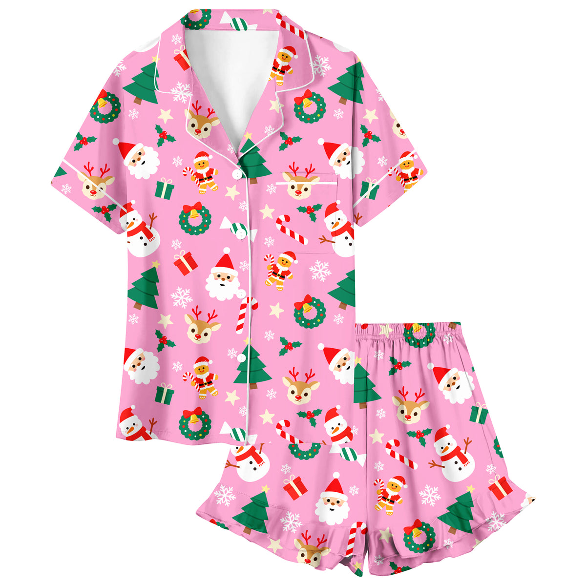 Lanbubble Girls Christmas Short Sleeve Pajamas Set 2Pcs Printed Button Top Ruffle Shorts Sleepwear 7-14Y