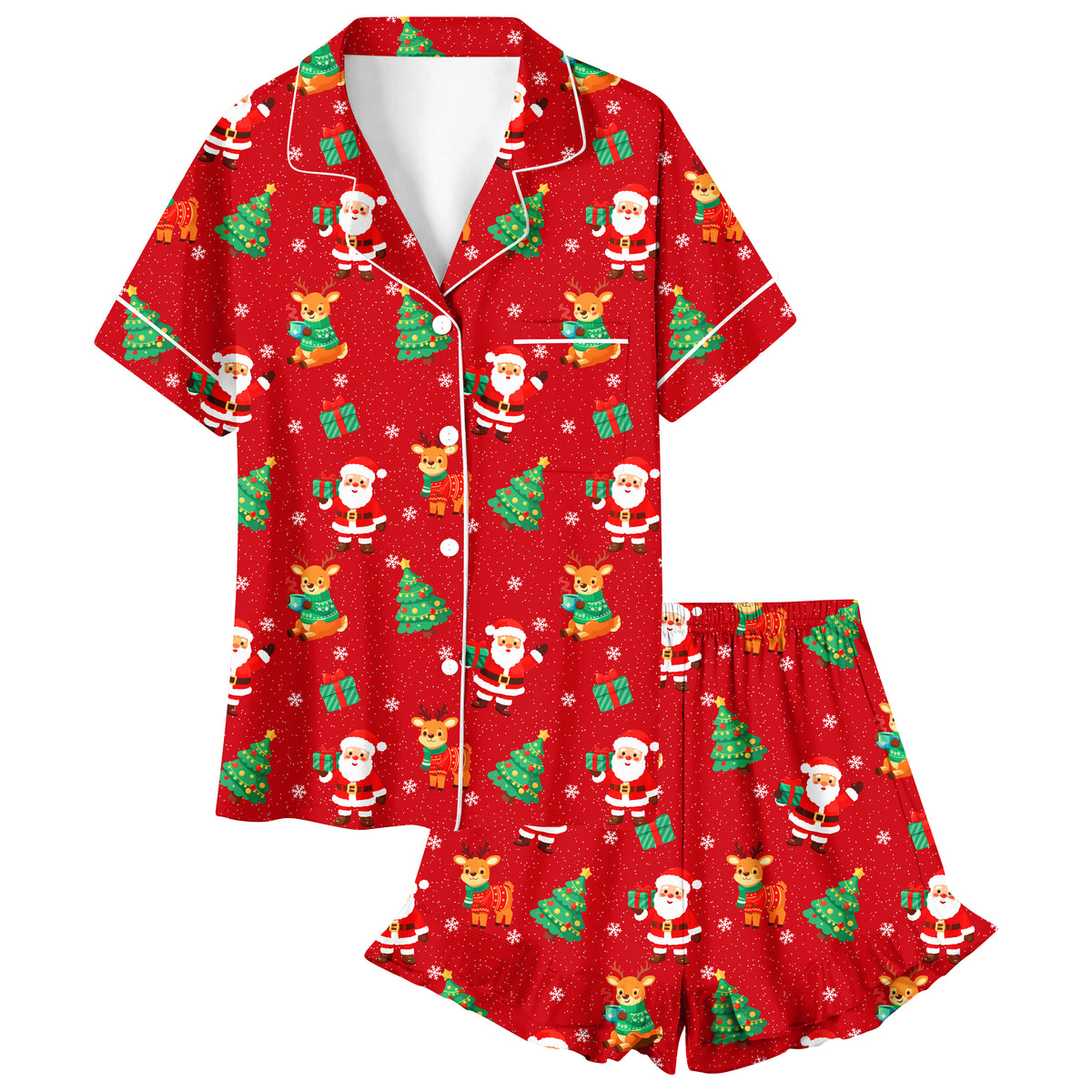 Lanbubble Girls Christmas Short Sleeve Pajamas Set 2Pcs Printed Button Top Ruffle Shorts Sleepwear 7-14Y