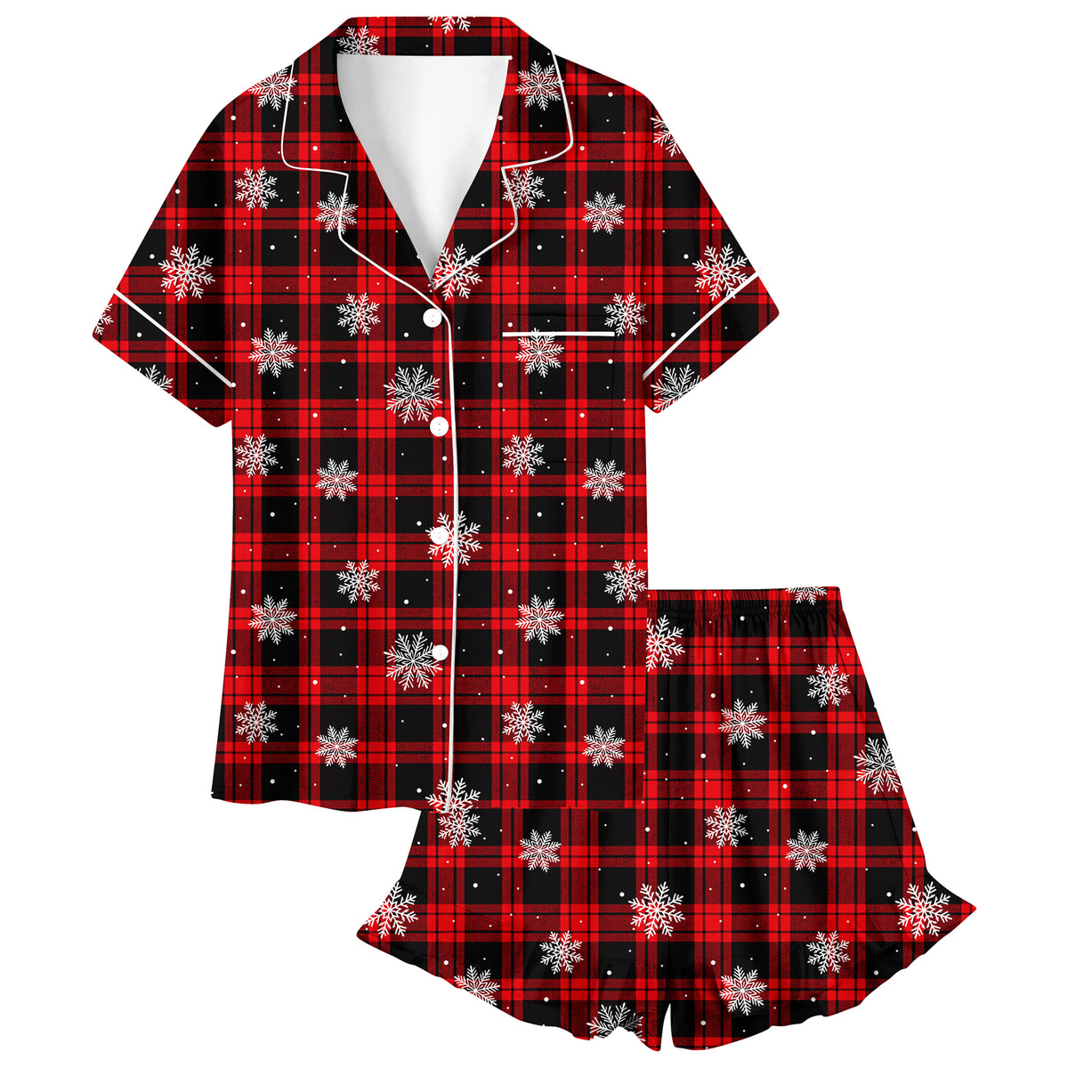 Lanbubble Girls Christmas Short Sleeve Pajamas Set 2Pcs Printed Button Top Ruffle Shorts Sleepwear 7-14Y