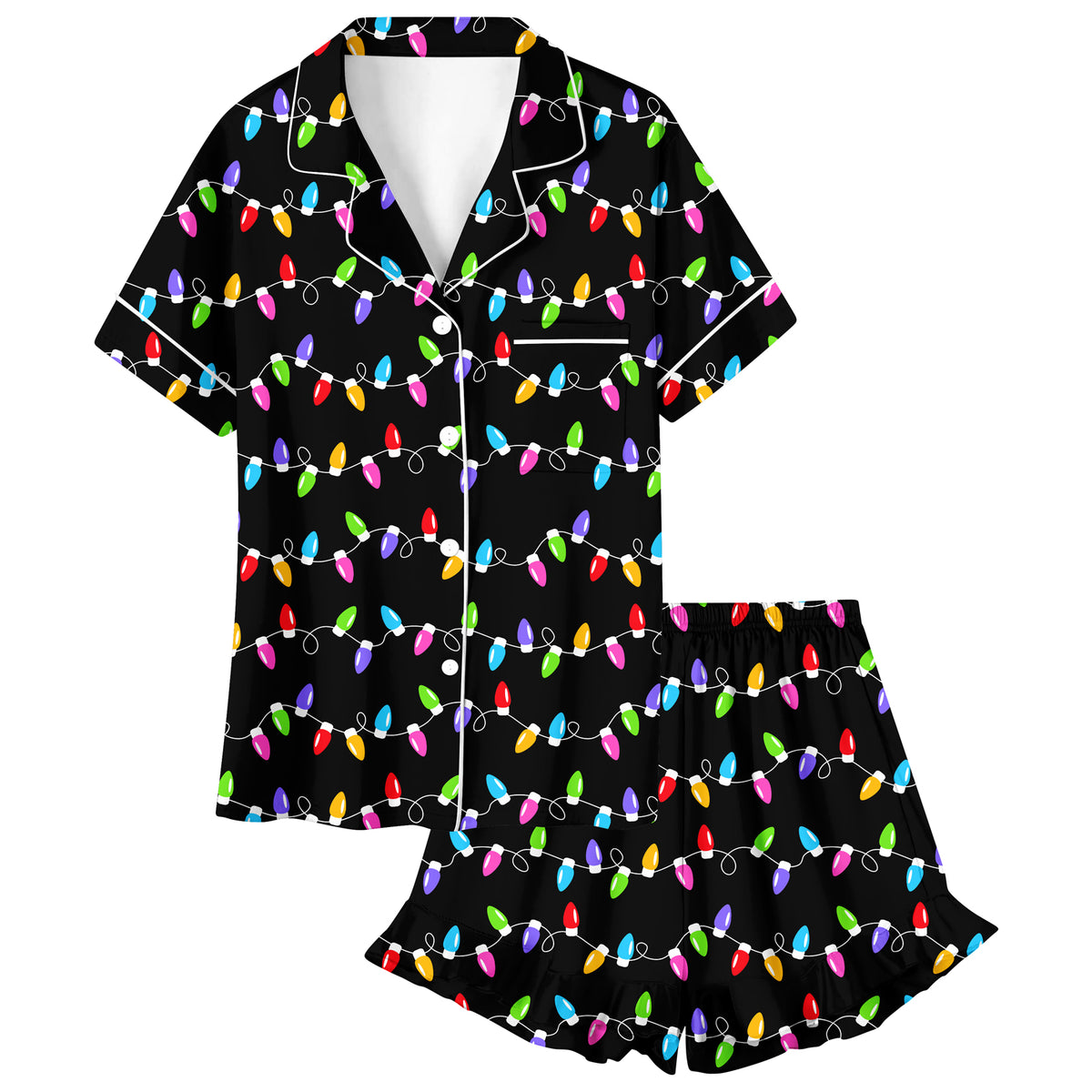 Lanbubble Girls Christmas Short Sleeve Pajamas Set 2Pcs Printed Button Top Ruffle Shorts Sleepwear 7-14Y