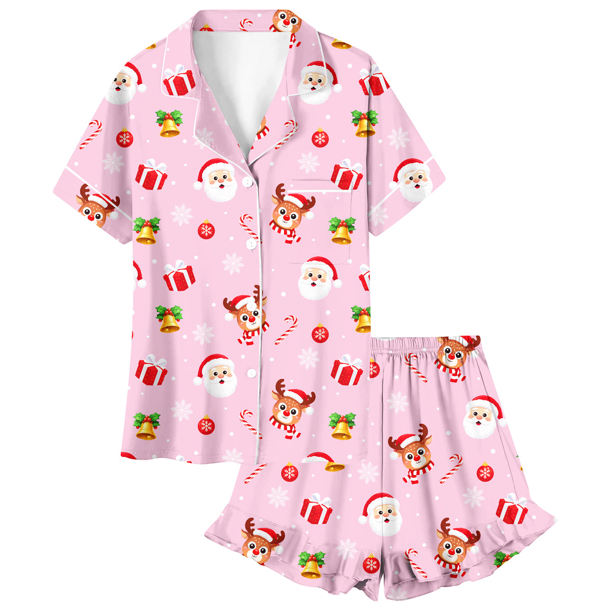 Lanbubble Girls Christmas Short Sleeve Pajamas Set 2Pcs Printed Button Top Ruffle Shorts Sleepwear 7-14Y