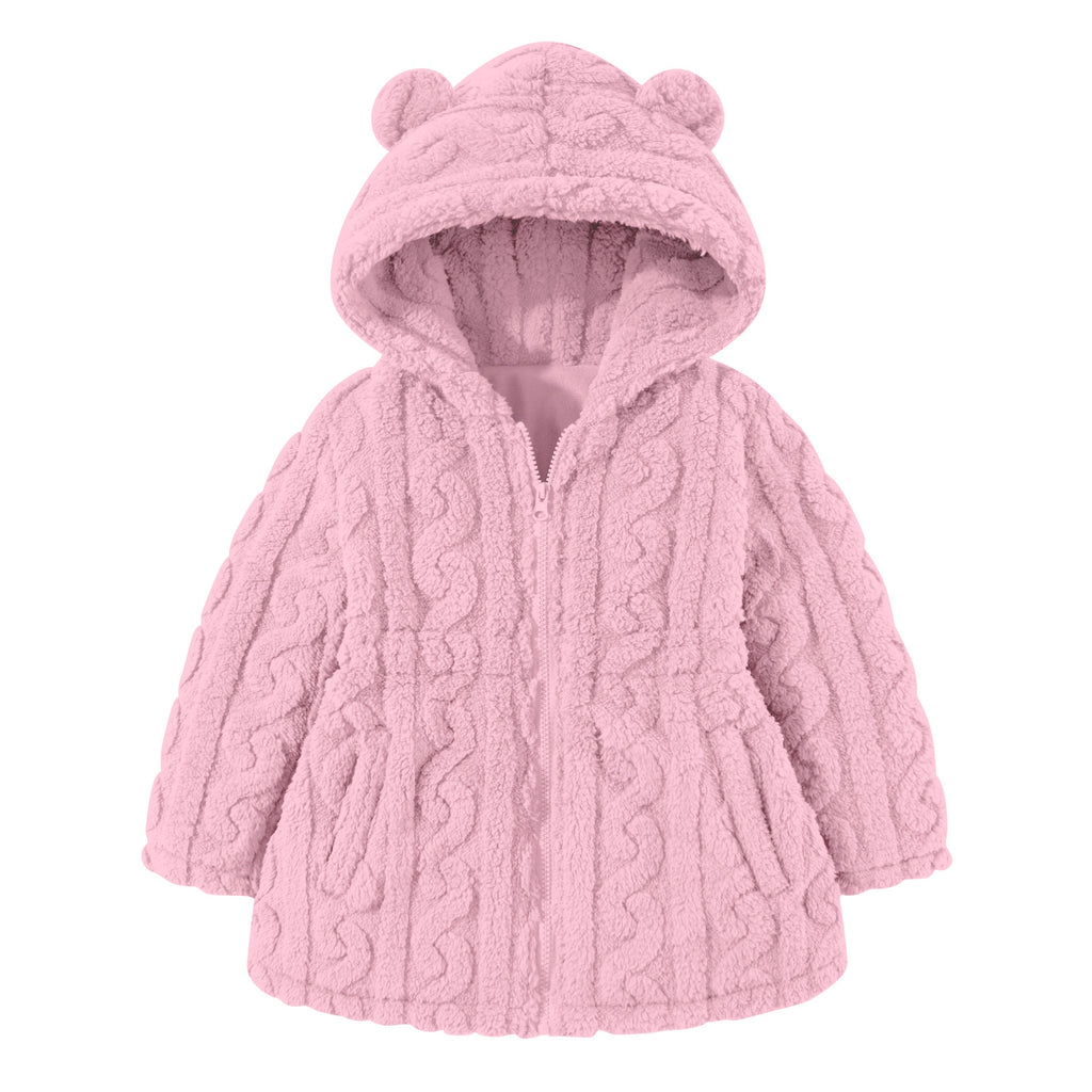 Lanbubble Girls Winter Coat - Plush Cable Jacquard Hooded Jacket with Bear Ears for 3-6Y