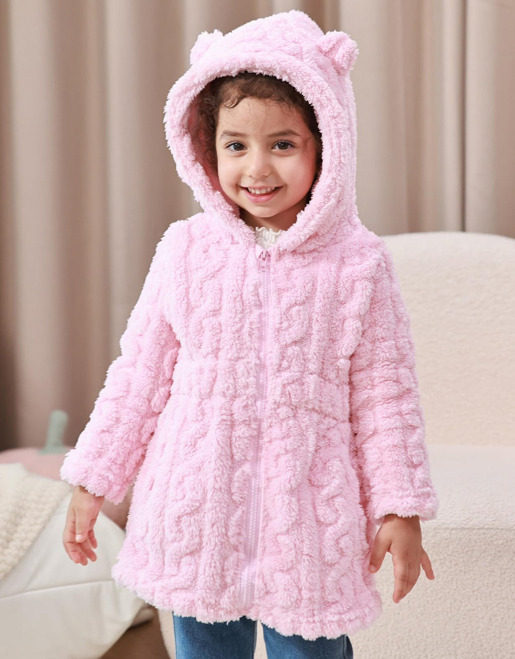 Lanbubble Girls Winter Coat - Plush Cable Jacquard Hooded Jacket with Bear Ears for 3-6Y