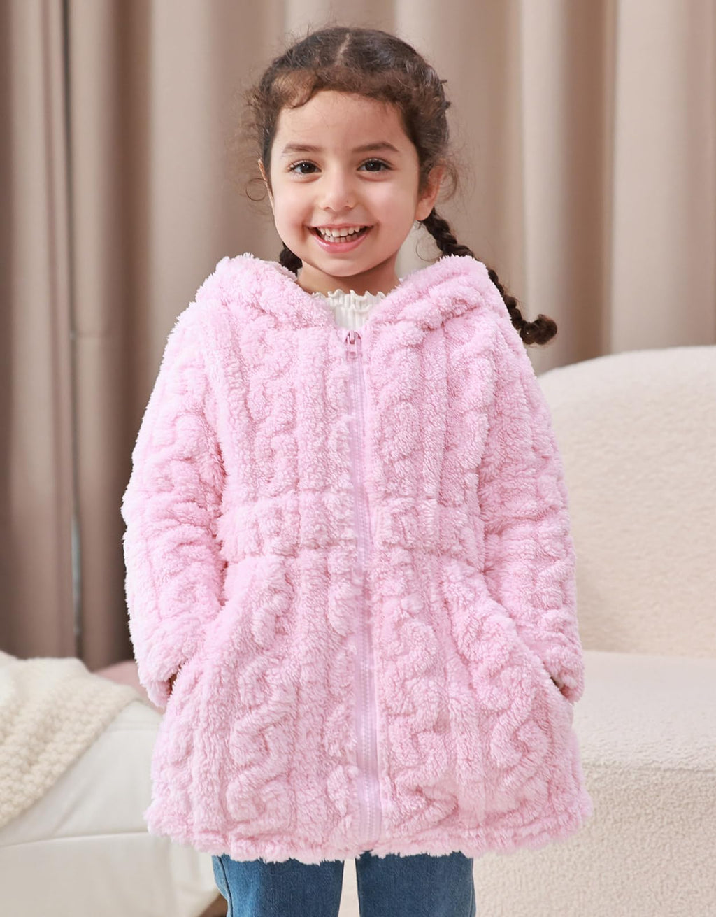 Lanbubble Girls Winter Coat - Plush Cable Jacquard Hooded Jacket with Bear Ears for 3-6Y