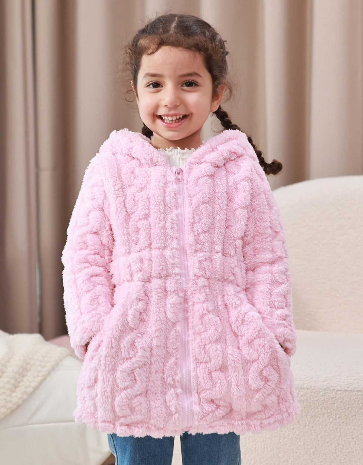 Lanbubble Girls Winter Coat - Plush Cable Jacquard Hooded Jacket with Bear Ears for 3-6Y