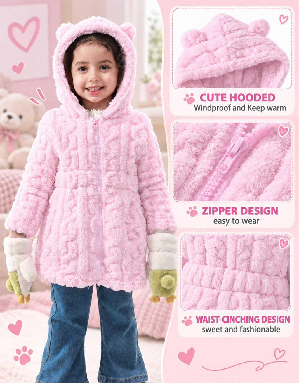 Lanbubble Girls Winter Coat - Plush Cable Jacquard Hooded Jacket with Bear Ears for 3-6Y