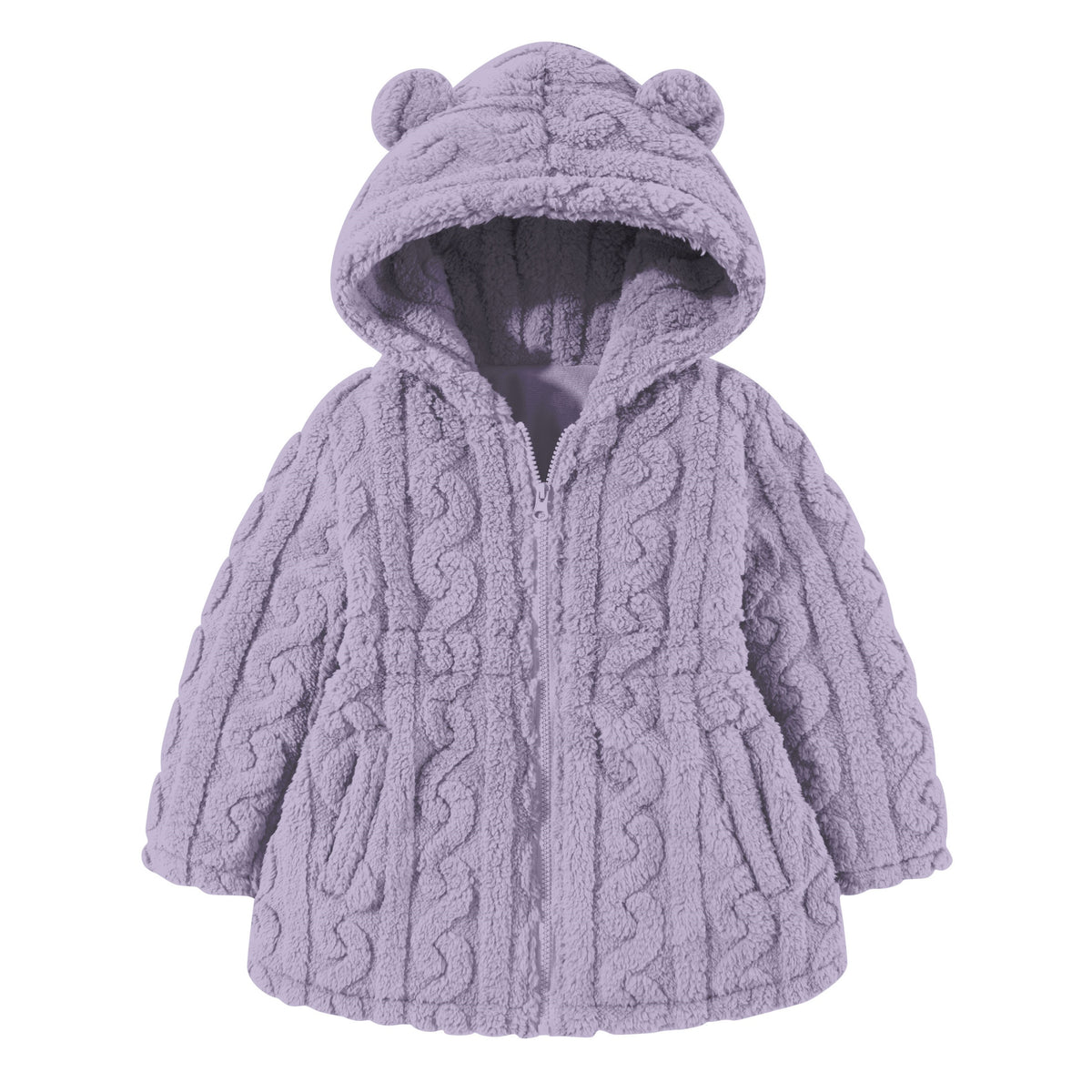 Lanbubble Girls Winter Coat - Plush Cable Jacquard Hooded Jacket with Bear Ears for 3-6Y