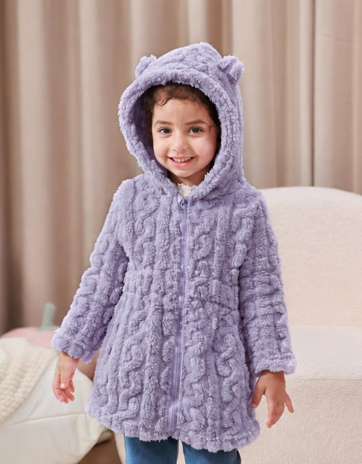 Lanbubble Girls Winter Coat - Plush Cable Jacquard Hooded Jacket with Bear Ears for 3-6Y
