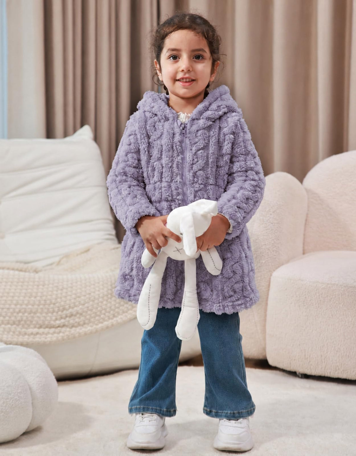 Lanbubble Girls Winter Coat - Plush Cable Jacquard Hooded Jacket with Bear Ears for 3-6Y