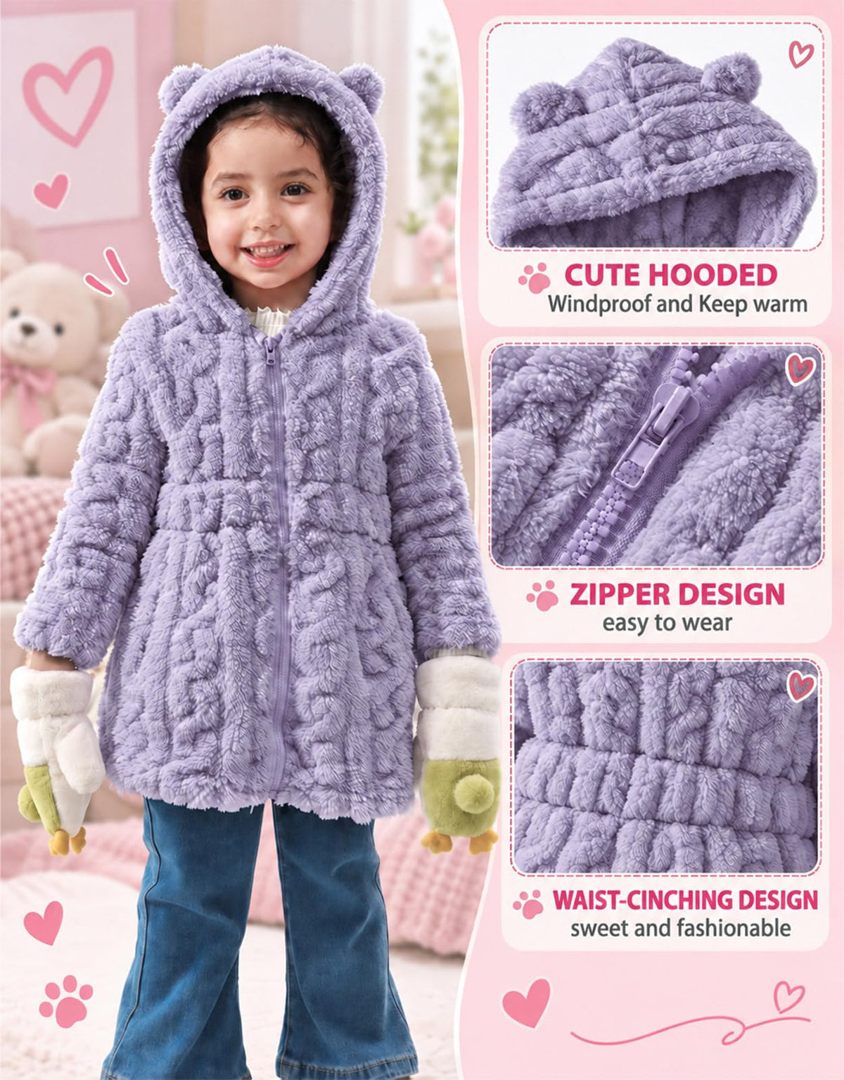 Lanbubble Girls Winter Coat - Plush Cable Jacquard Hooded Jacket with Bear Ears for 3-6Y