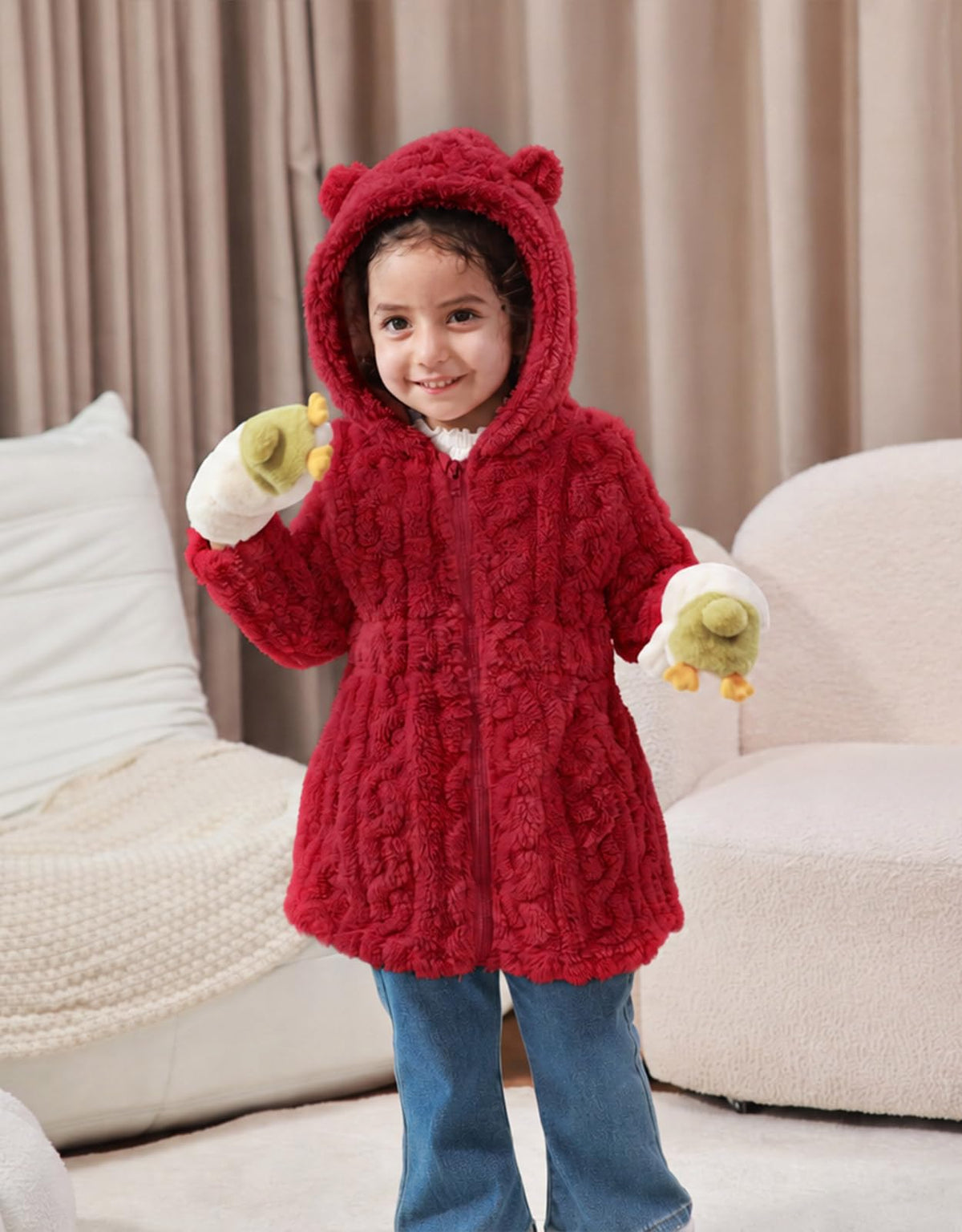 Lanbubble Girls Winter Coat - Plush Cable Jacquard Hooded Jacket with Bear Ears for 3-6Y
