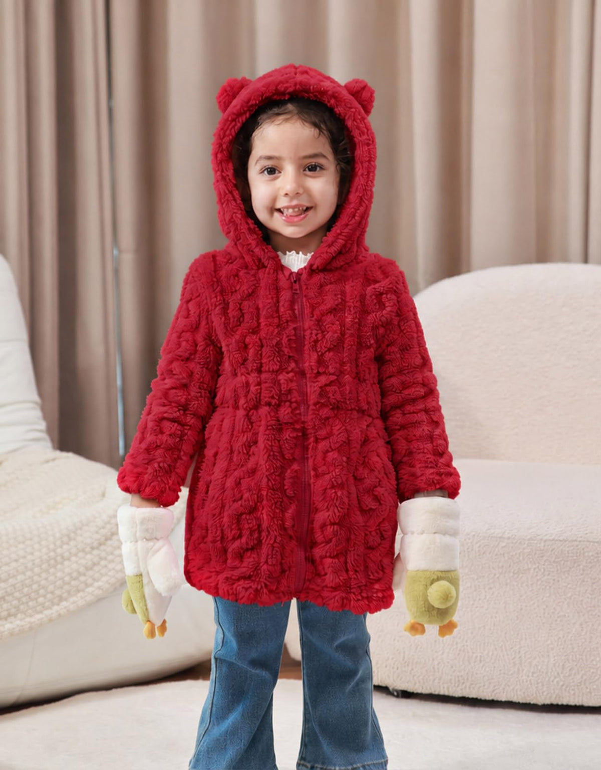 Lanbubble Girls Winter Coat - Plush Cable Jacquard Hooded Jacket with Bear Ears for 3-6Y