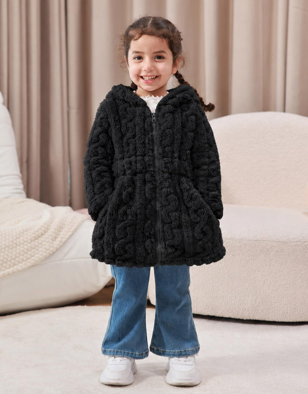 Lanbubble Girls Winter Coat - Plush Cable Jacquard Hooded Jacket with Bear Ears for 3-6Y
