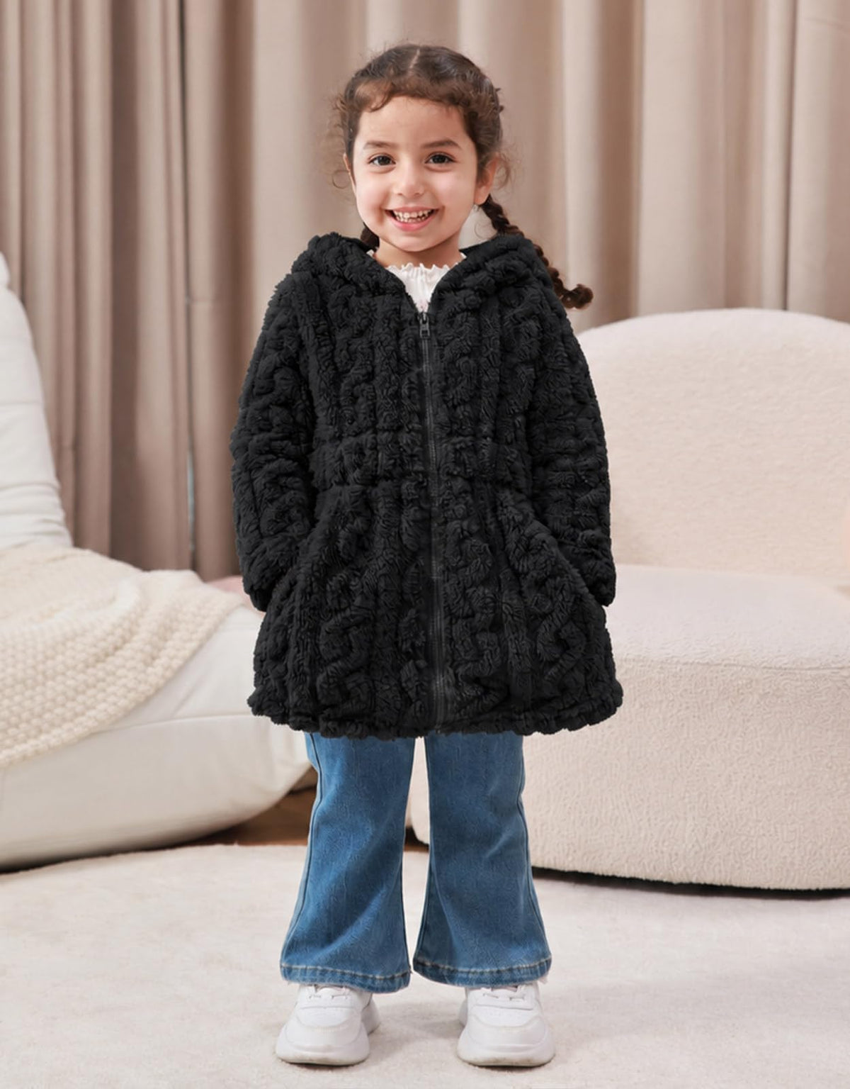 Lanbubble Girls Winter Coat - Plush Cable Jacquard Hooded Jacket with Bear Ears for 3-6Y