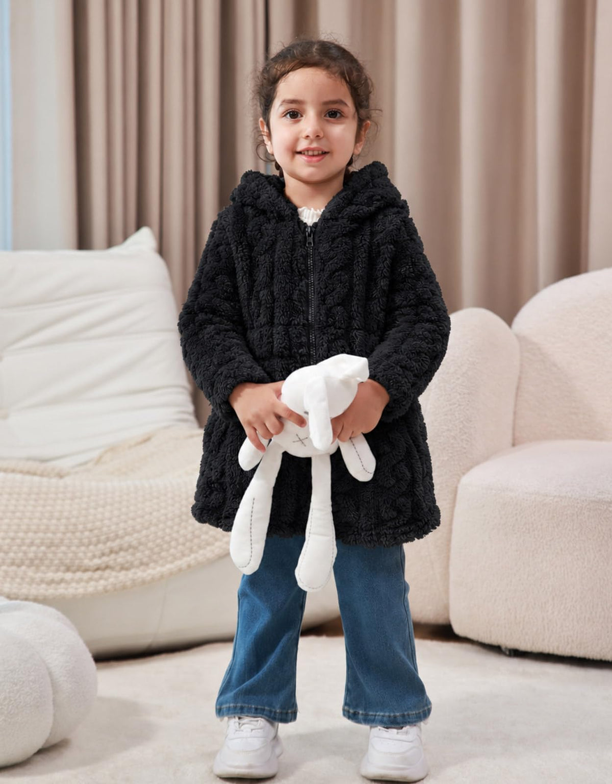 Lanbubble Girls Winter Coat - Plush Cable Jacquard Hooded Jacket with Bear Ears for 3-6Y