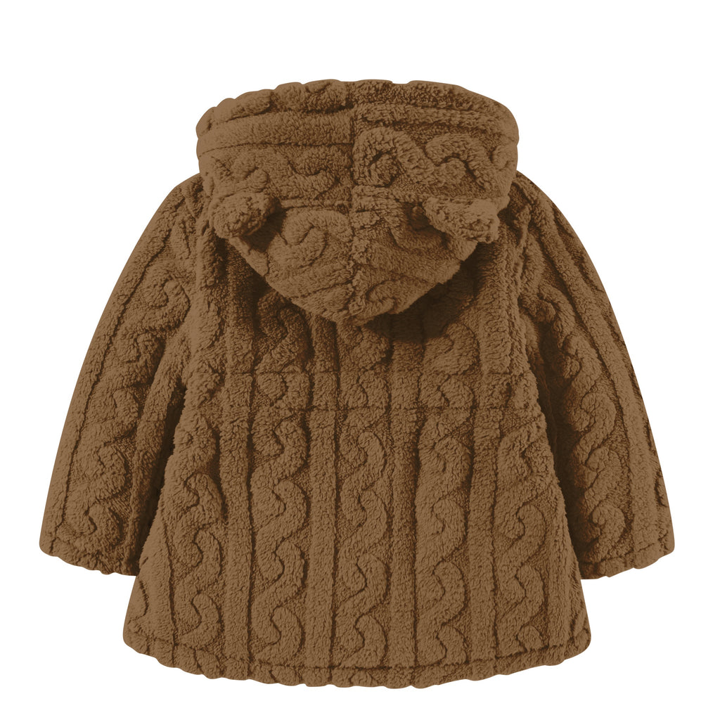 Lanbubble Girls Winter Coat - Plush Cable Jacquard Hooded Jacket with Bear Ears for 3-6Y