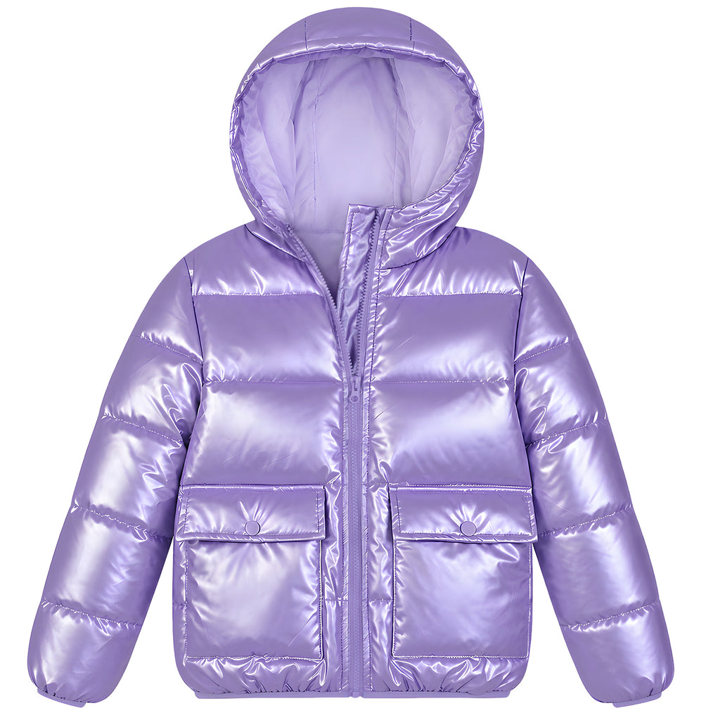 Lanbubble Girls Shiny Puffer Jacket Hooded Winter Coat Warm Outerwear for Kids 7-14Y