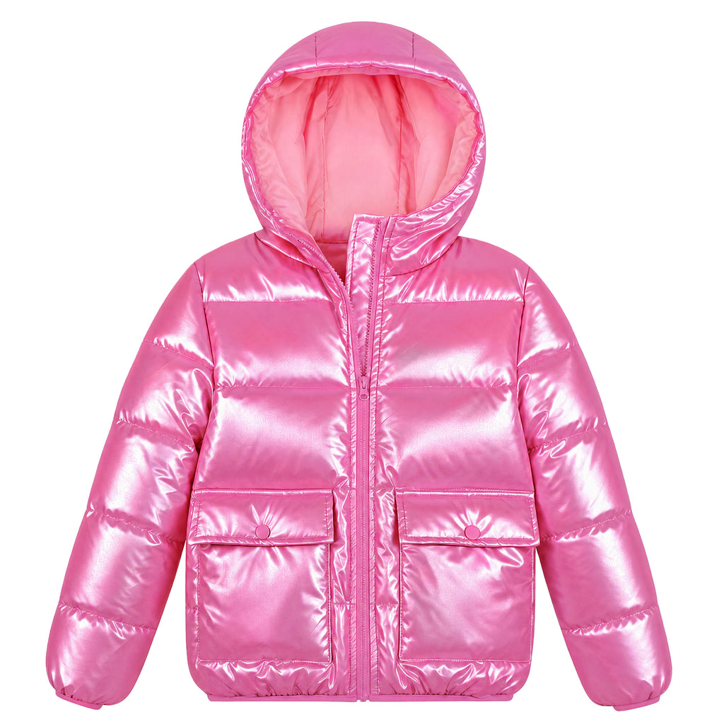 Lanbubble Girls Shiny Puffer Jacket Hooded Winter Coat Warm Outerwear for Kids 7-14Y