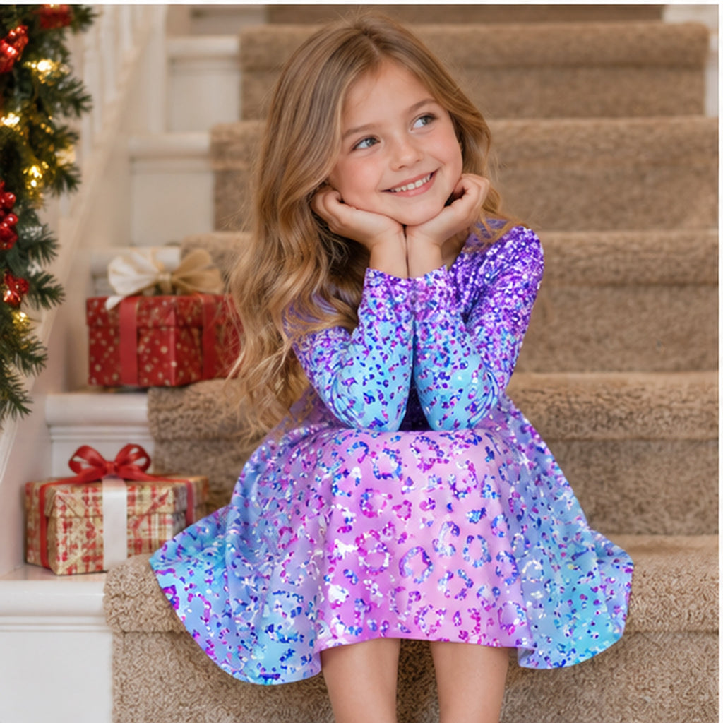 Lanbubble Girls Long Sleeve Dress Mermaid Printed Casual Dress Twirly Skater Dresses 5-13 Years