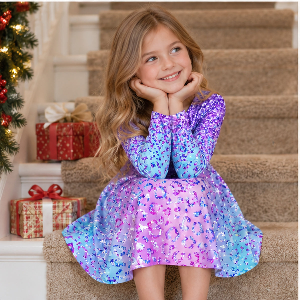 Lanbubble Girls Long Sleeve Dress Mermaid Printed Casual Dress Twirly Skater Dresses 5-13 Years