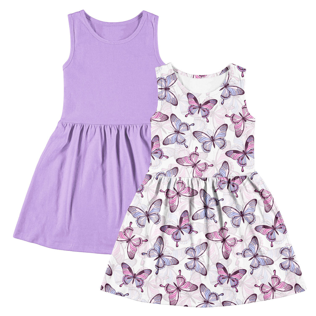 Lanbubble 2-Pack Toddler Girls Dresses Sleeveless Casual Sundress Summer Purple Butterfly Dress For Girl 2-6T