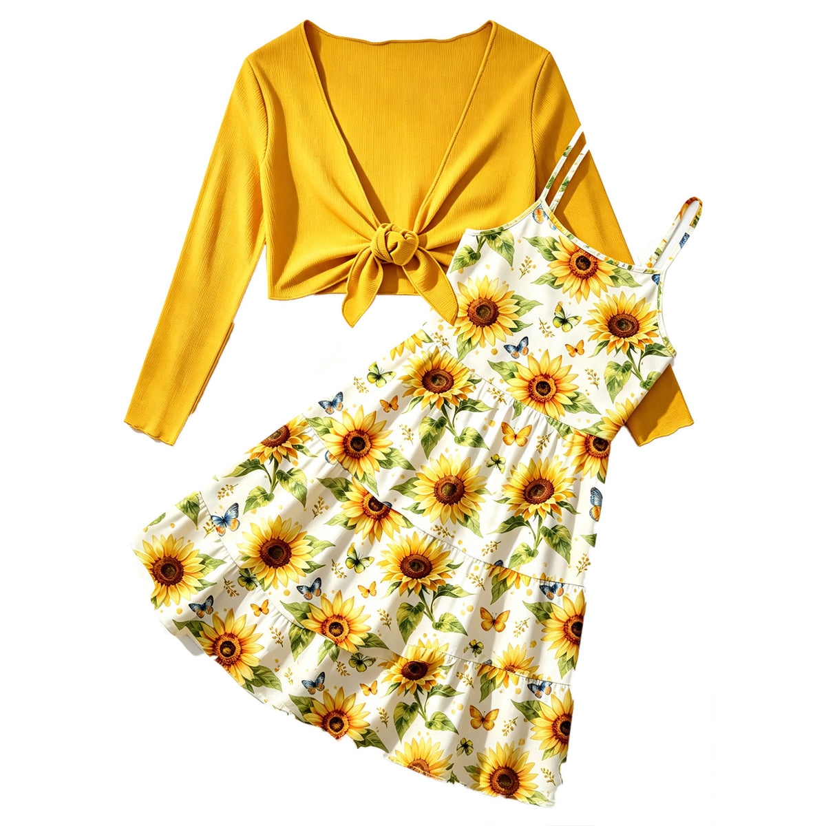 Lanbubble Girls Dress With Cardigan Set For Teen 7-14T Adjustable Cami Dress with Long Sleeve 2 Piece Set Royal Blue Floral Fall Dresses