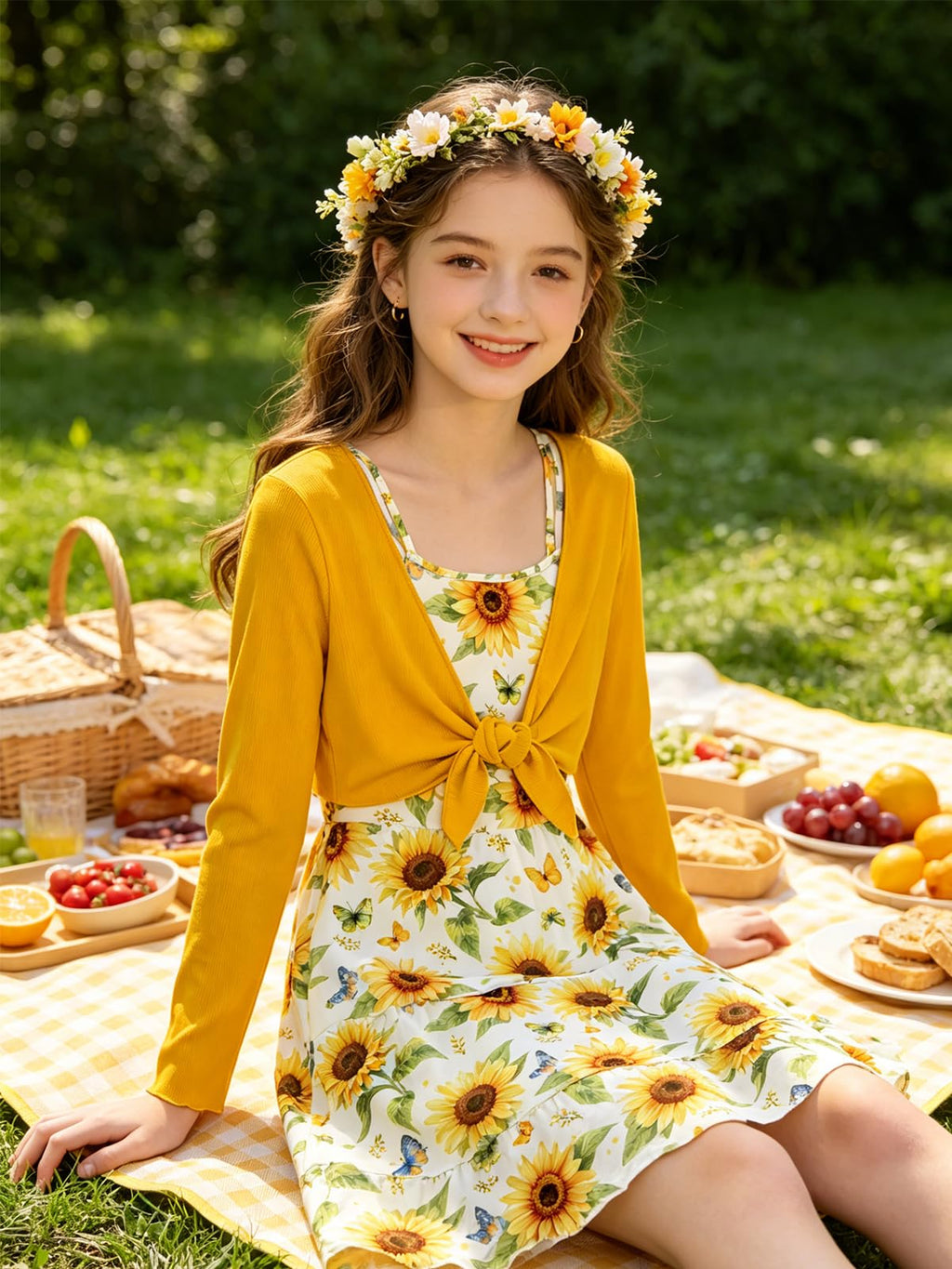 Lanbubble Girls Dress With Cardigan Set For Teen 7-14T Adjustable Cami Dress with Long Sleeve 2 Piece Set Royal Blue Floral Fall Dresses