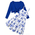 Lanbubble Girls Dress With Cardigan Set For Teen 7-14T Adjustable Cami Dress with Long Sleeve 2 Piece Set Royal Blue Floral Fall Dresses