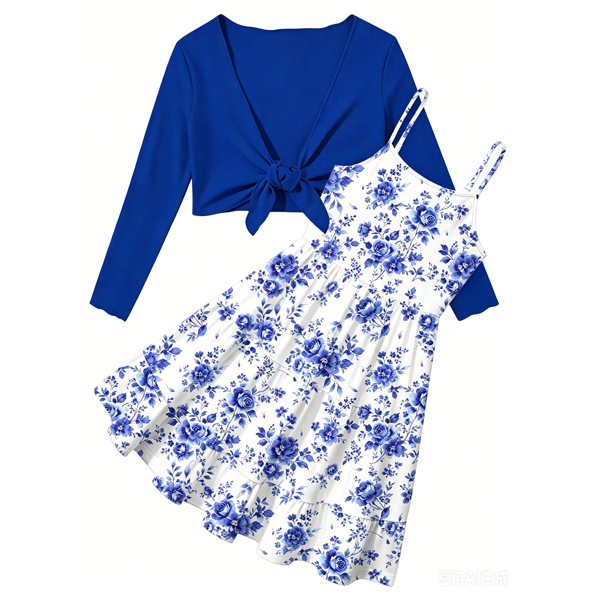 Lanbubble Girls Dress With Cardigan Set For Teen 7-14T Adjustable Cami Dress with Long Sleeve 2 Piece Set Royal Blue Floral Fall Dresses