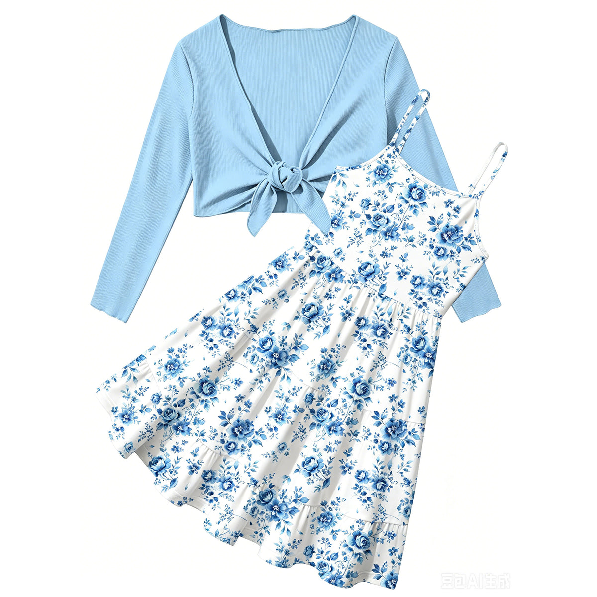 Lanbubble Girls Dress With Cardigan Set For Teen 7-14T Adjustable Cami Dress with Long Sleeve 2 Piece Set Royal Blue Floral Fall Dresses