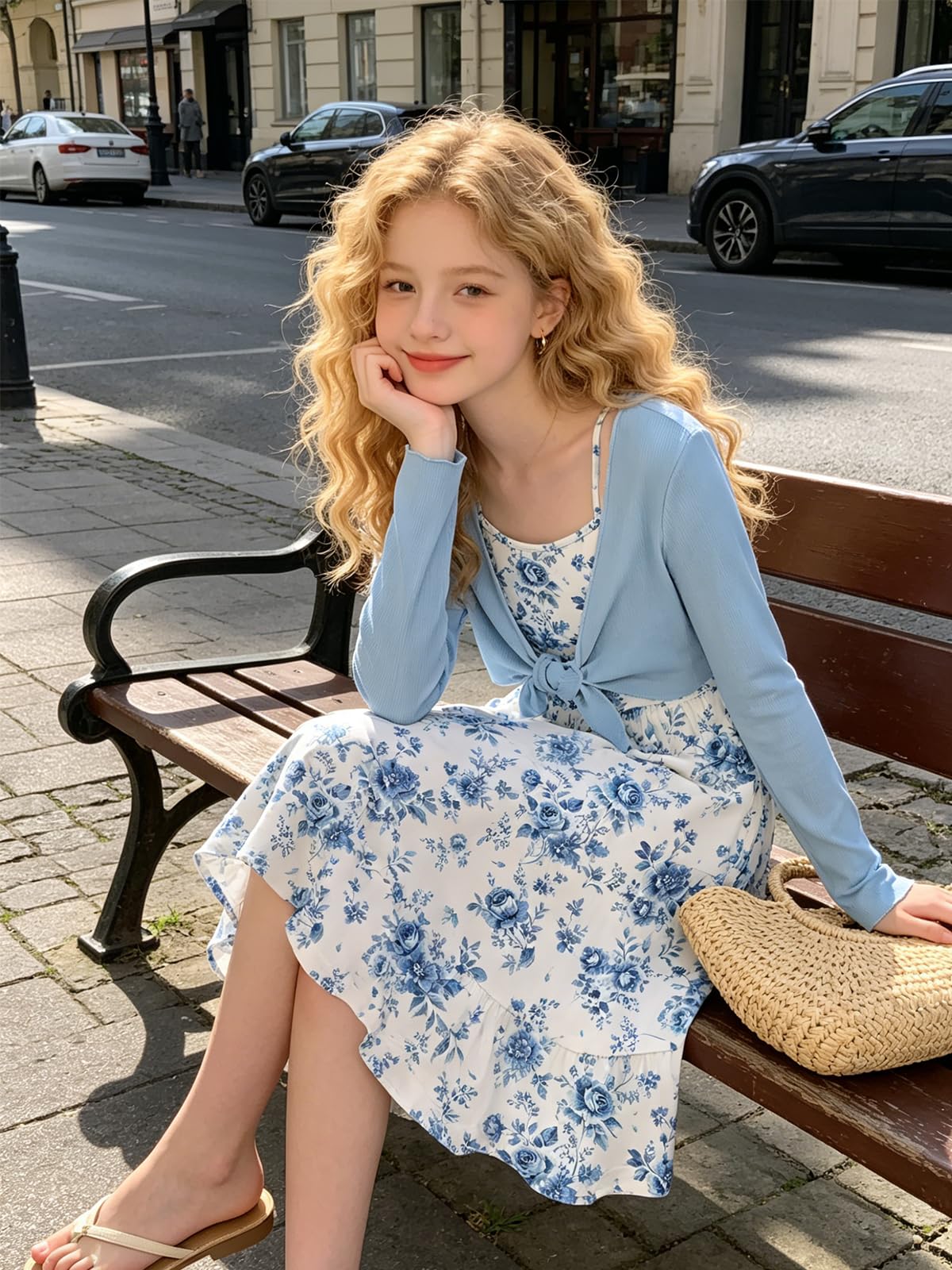 Lanbubble Girls Dress With Cardigan Set For Teen 7-14T Adjustable Cami Dress with Long Sleeve 2 Piece Set Royal Blue Floral Fall Dresses