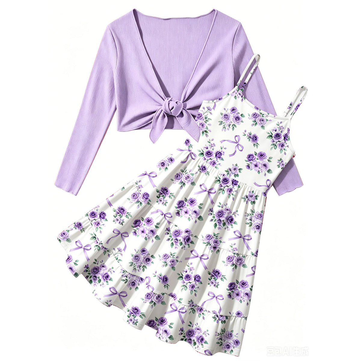 Lanbubble Girls Dress With Cardigan Set For Teen 7-14T Adjustable Cami Dress with Long Sleeve 2 Piece Set Royal Blue Floral Fall Dresses