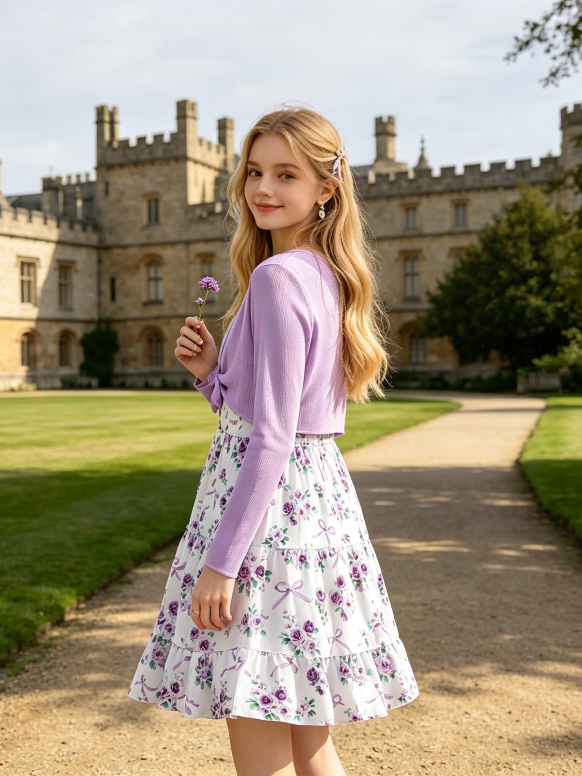 Lanbubble Girls Dress With Cardigan Set For Teen 7-14T Adjustable Cami Dress with Long Sleeve 2 Piece Set Royal Blue Floral Fall Dresses
