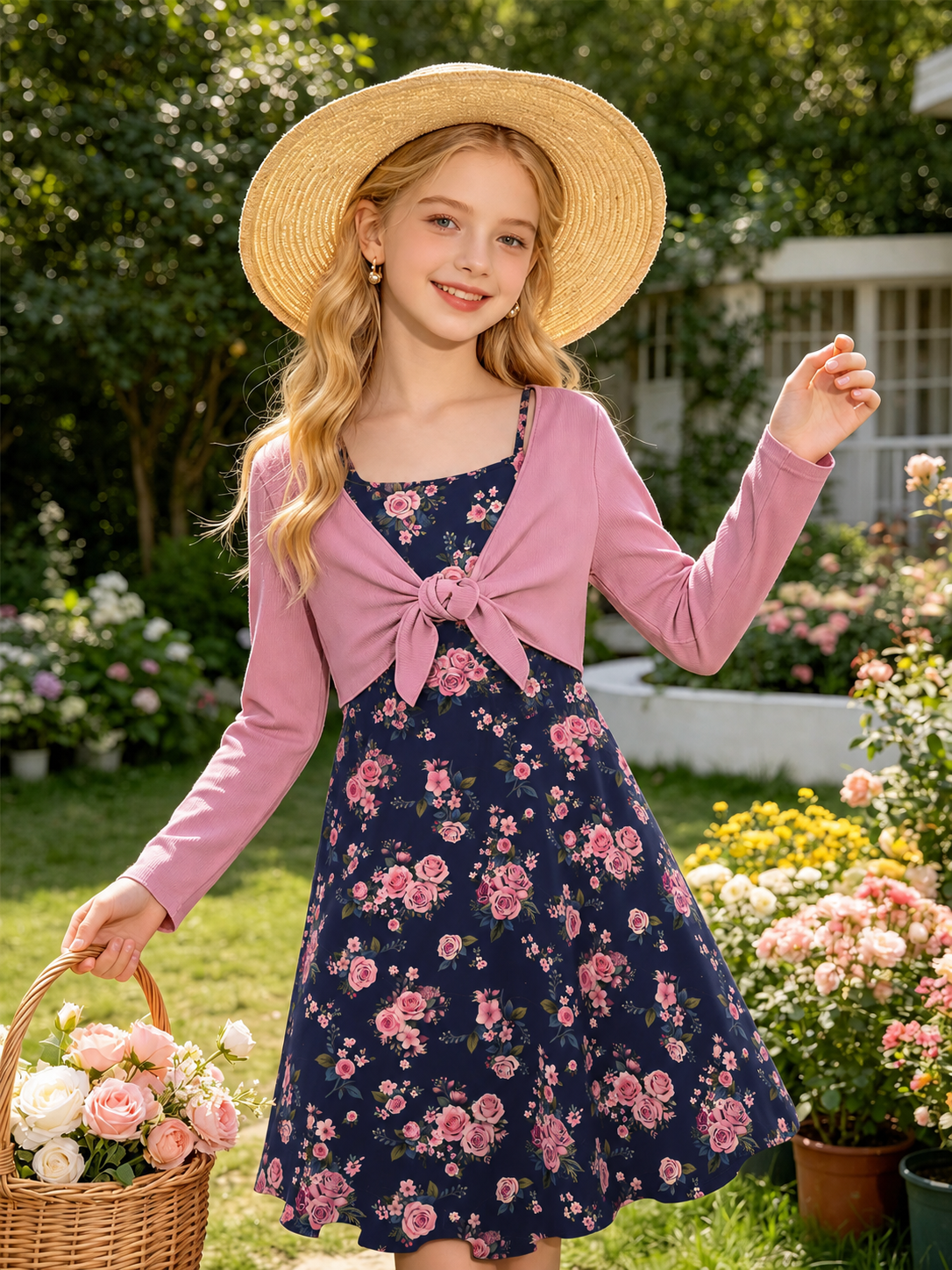Lanbubble Girls Dress With Cardigan Set For Teen 7-14T Adjustable Cami Dress with Long Sleeve 2 Piece Set Royal Blue Floral Fall Dresses