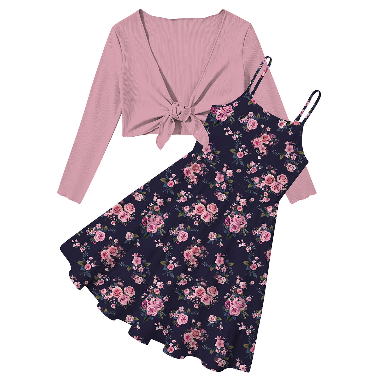 Lanbubble Girls Dress With Cardigan Set For Teen 7-14T Adjustable Cami Dress with Long Sleeve 2 Piece Set Royal Blue Floral Fall Dresses