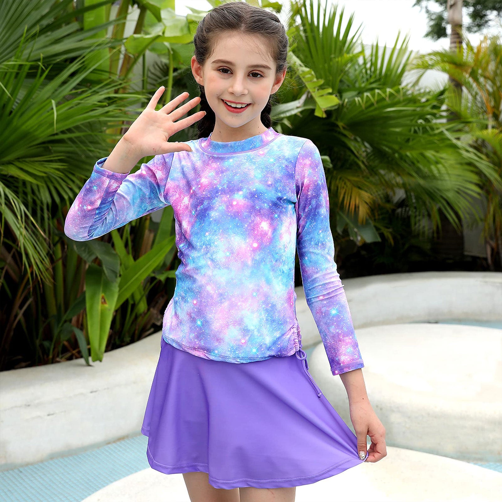 Lanbubble Girls Swimsuit Rash Guard Set 2 Piece Long Sleeve Bathing Suit Swim Skirt with Shorts 3-10 Years