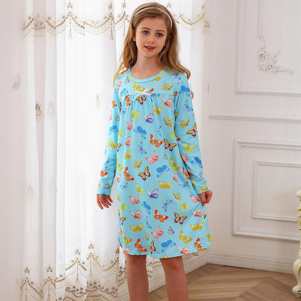 Lanbubble Girls Nightgowns Long Sleeve Pajama Dress for Girls 5-12 Years Printed Kids Sleepwear Nightdress