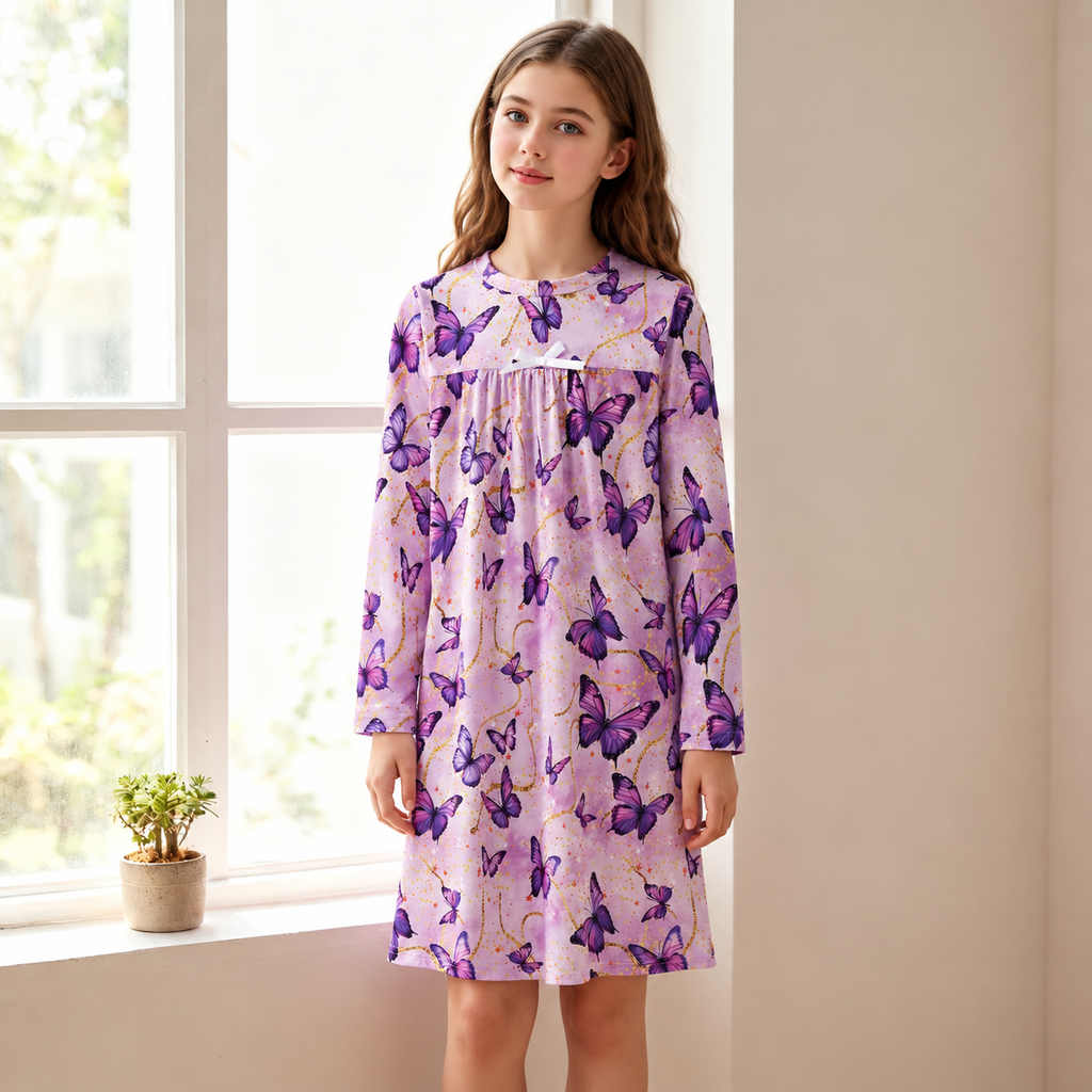 Lanbubble Girls Nightgowns Long Sleeve Pajama Dress for Girls 5-12 Years Printed Kids Sleepwear Nightdress