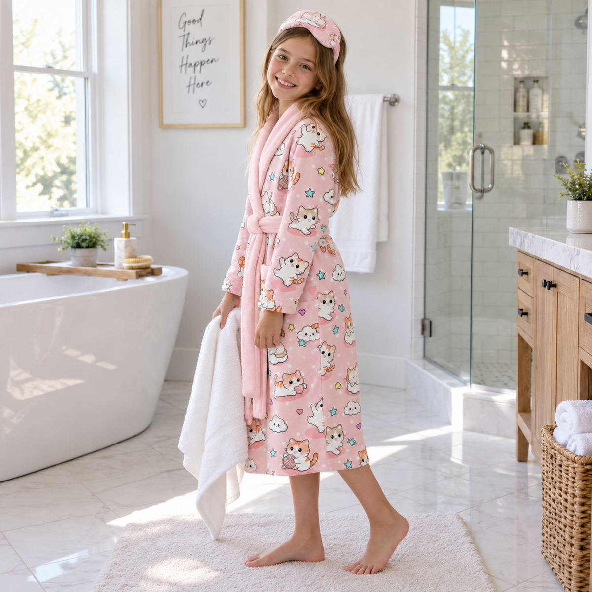 Lanbubble Girls Robe with Sleep Mask & Scrunchie Set, Soft Bathrobe Sleepwear for Kids 6-13 Years