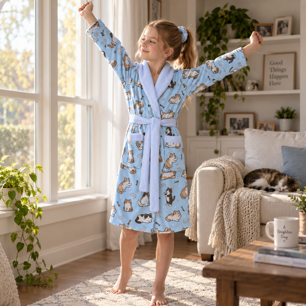 Lanbubble Girls Robe with Sleep Mask & Scrunchie Set, Soft Bathrobe Sleepwear for Kids 6-13 Years