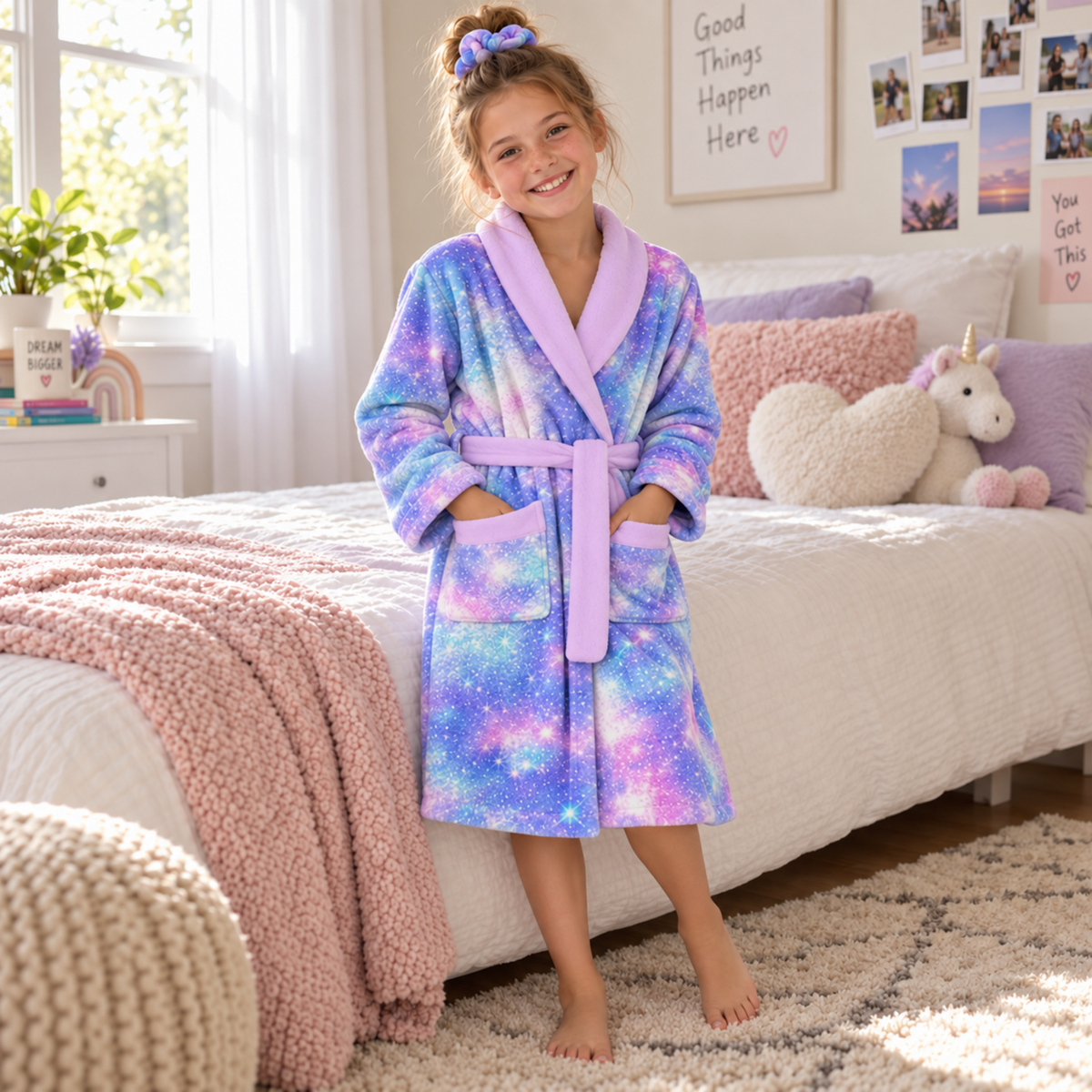 Lanbubble Girls Robe with Sleep Mask & Scrunchie Set, Soft Bathrobe Sleepwear for Kids 6-13 Years