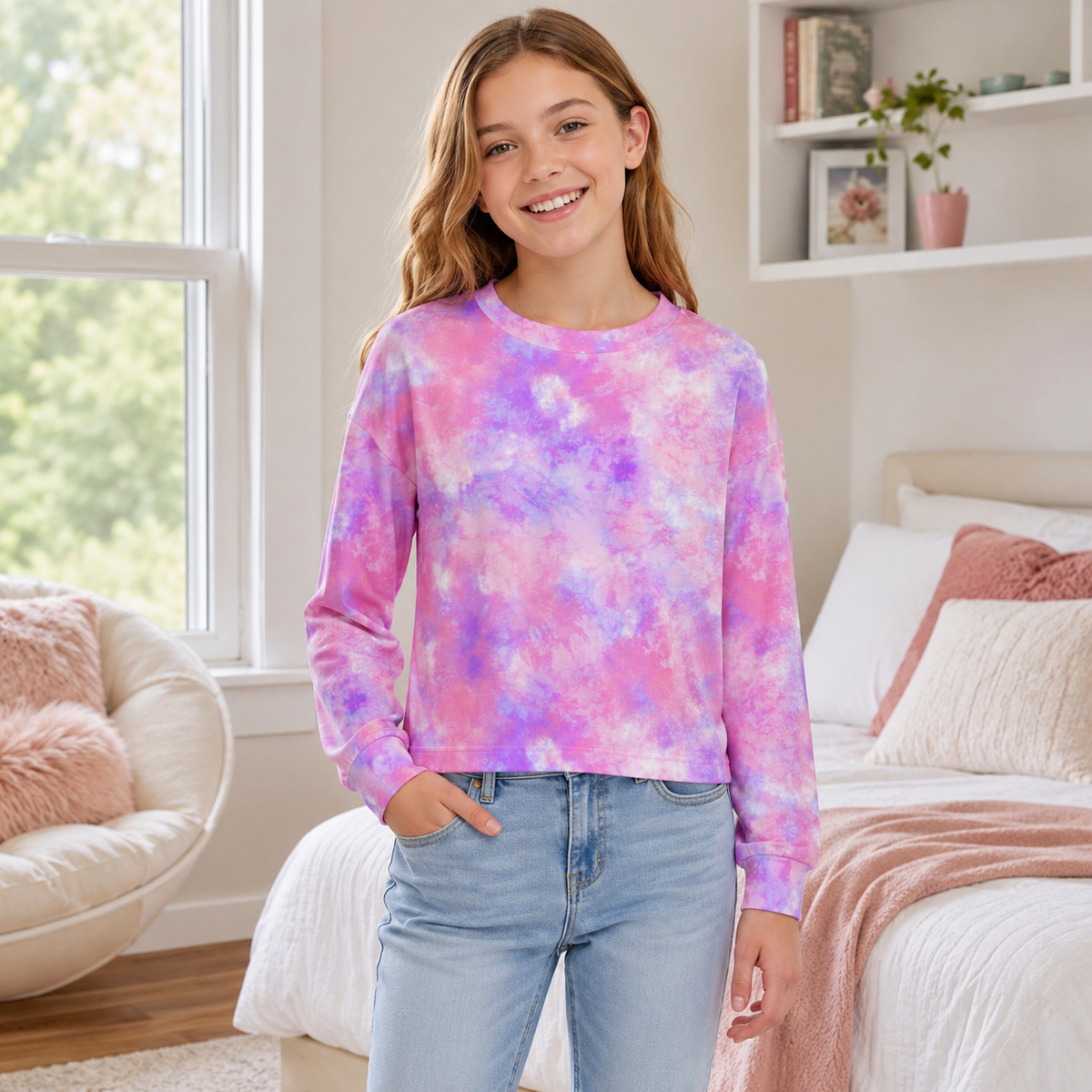 Lanbubble Girls Long Sleeve T Shirt Casual Graphic Tie Dye Top 7-12Y