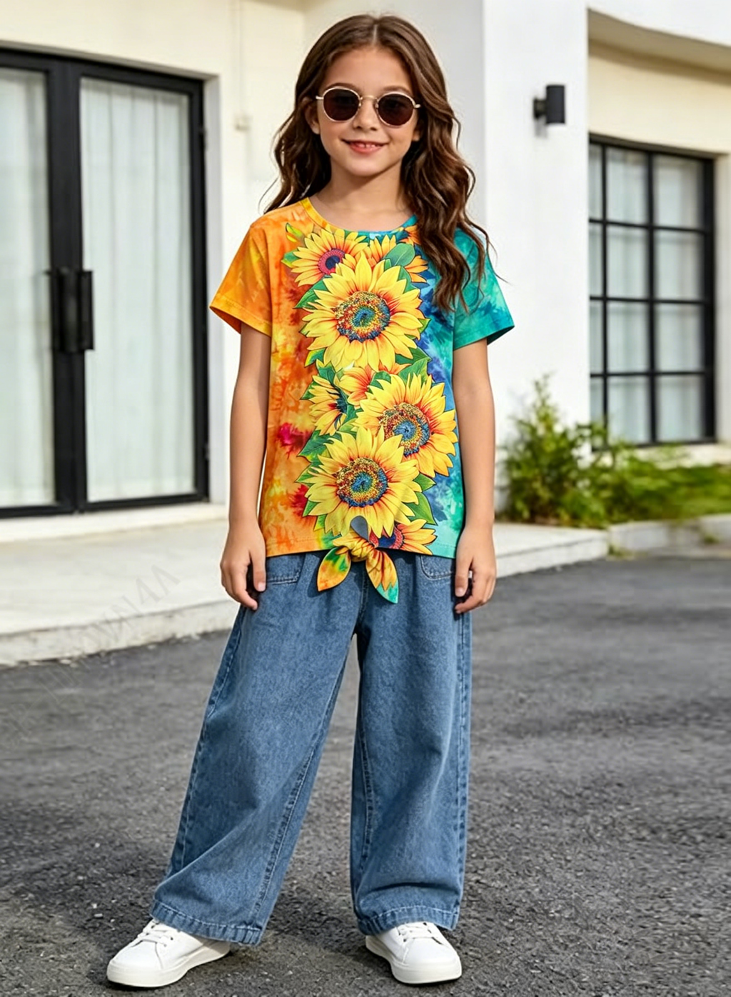 Lanbubble Girls Graphic T-Shirt Tie Dye Kids Short Sleeve Tee Shirt Tie Front Tops 7-12 Years