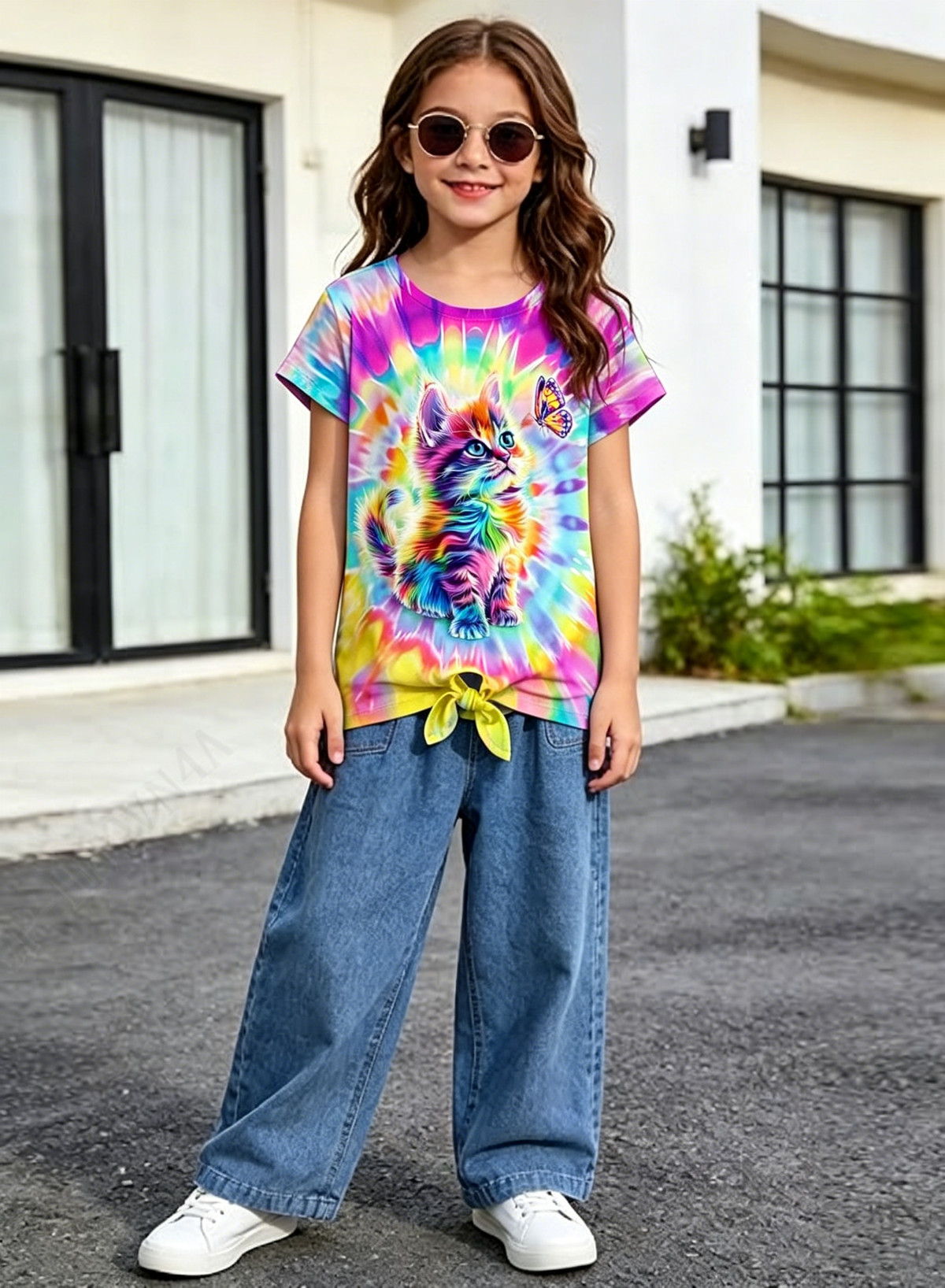 Lanbubble Girls Graphic T-Shirt Tie Dye Kids Short Sleeve Tee Shirt Tie Front Tops 7-12 Years