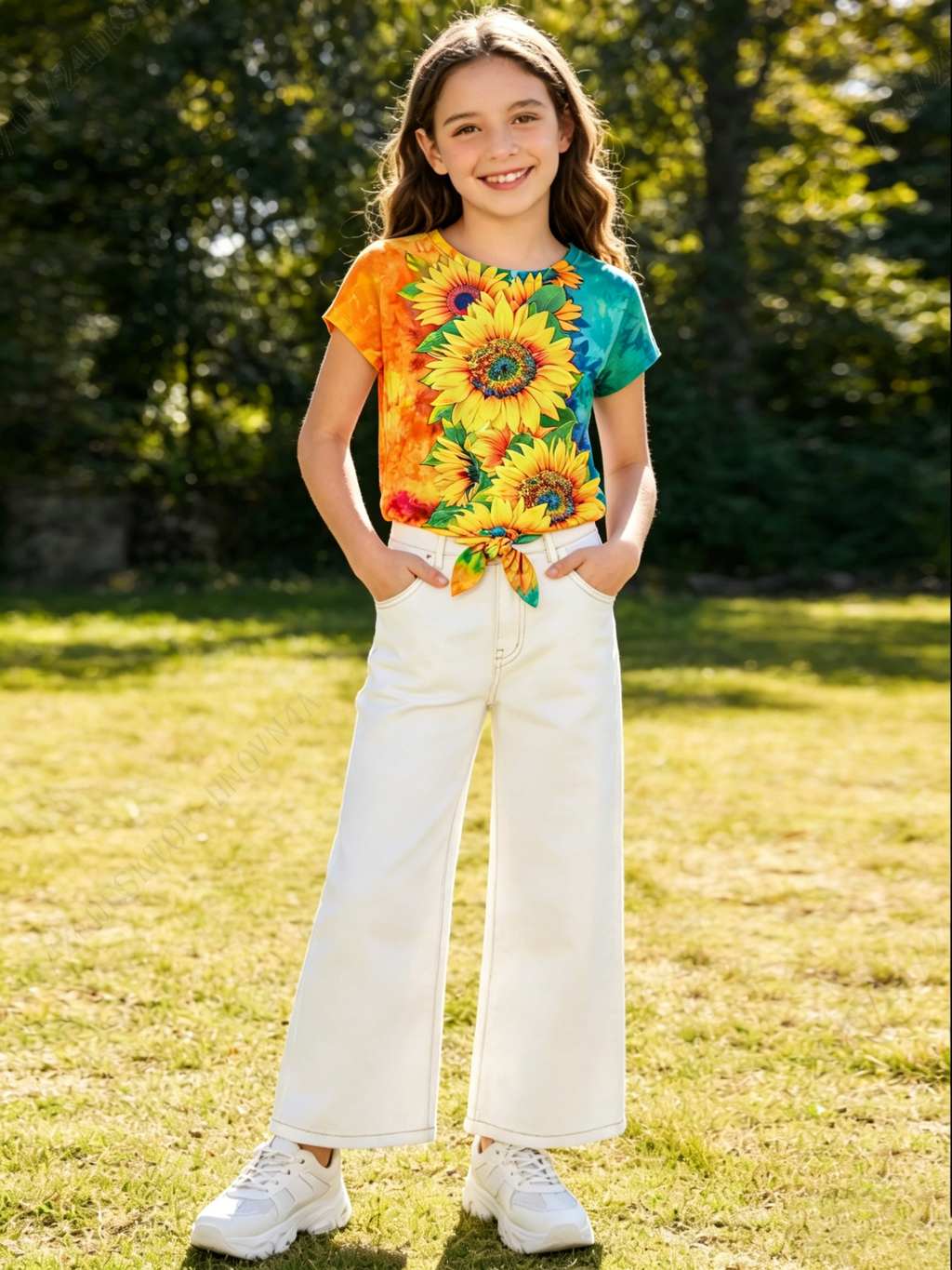 Lanbubble Girls Graphic T-Shirt Tie Dye Kids Short Sleeve Tee Shirt Tie Front Tops 7-12 Years